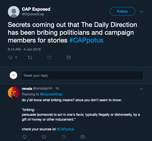 renataprint's tweet photo. an account fabricated that the daily direction is bribing politicians and now their account is restricted. spreading lies has its consequences. karma. #CAPpotus https://t.co/hnOzH8qAoD