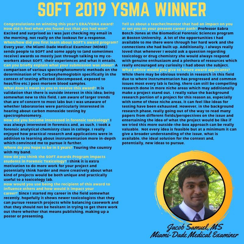 SabraRuvera's tweet photo. I am so very proud of Jacob Samuel, winner of the SOFT 2019 YSMA, and the amazing work he has been involved with at the Miami-Dade Toxicology lab. #proudPI #SOFT2019 #BUForensics @BUMedicine https://t.co/0lx9XQj62V https://t.co/SvO2g8HunA