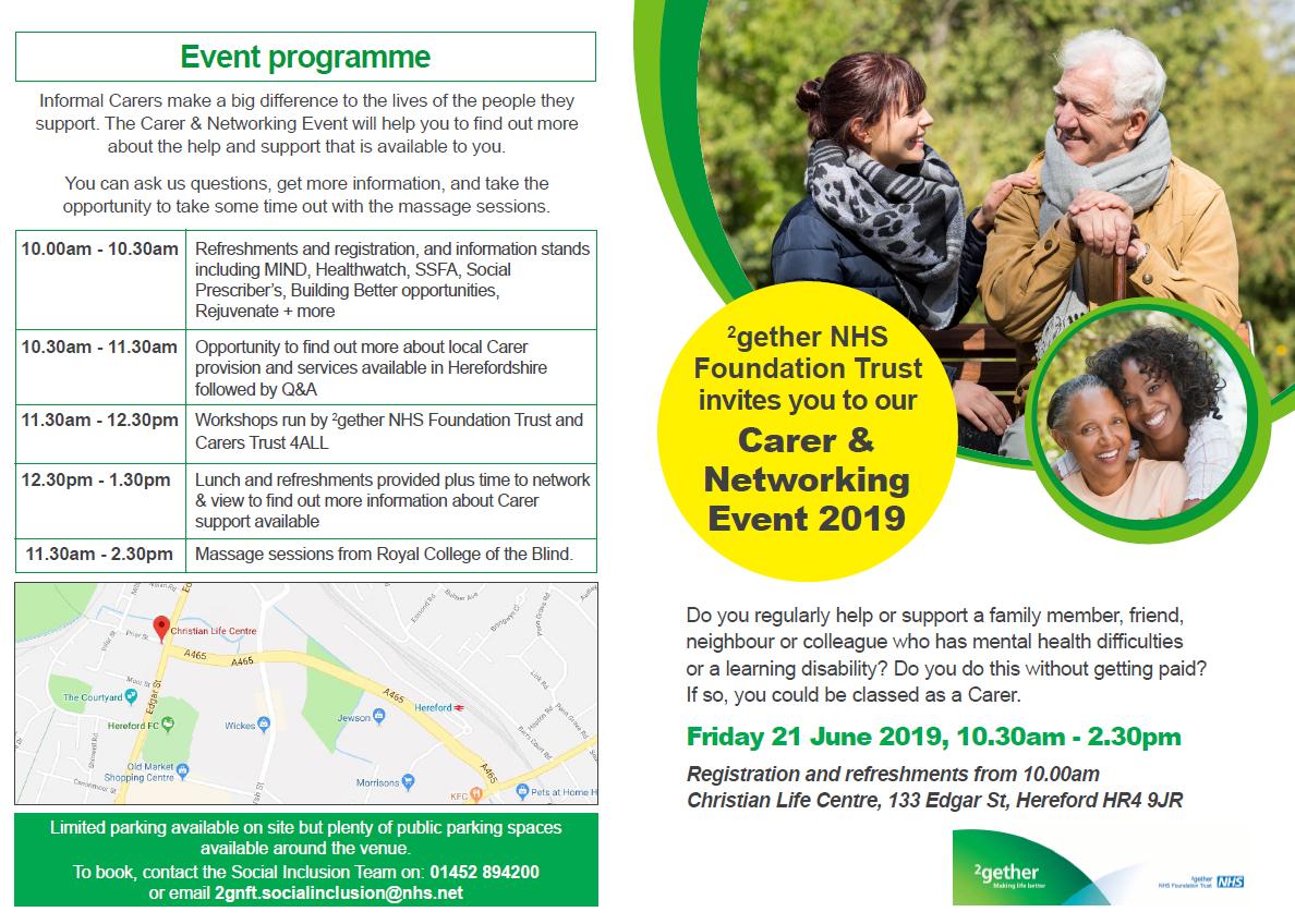 Free event for Herefordshire Carers 21st June from 2gether Trust. Includes massage session to pamper you! Book your place 2gnft.socialinclusion@nhs.net