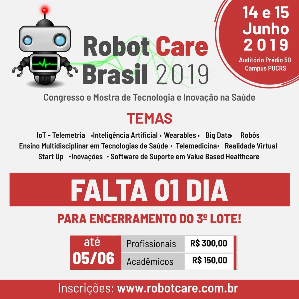 robot_care's tweet image. Falta 1 dia para a mudança de lote!!!!
E apenas 10 dias para o evento!!
Não fique de fora! 😎
Inscreva-se: robotcare.com.br

#Telemedicine #innovation #robotcare