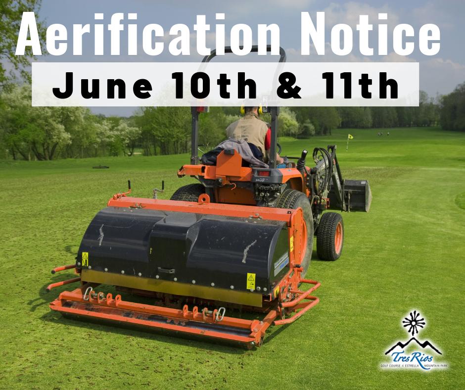 GolfTresRios's tweet photo. Aerification Alert for June 10th and 11th

On Monday, June 10th and on Tuesday, June 11th, Tres Rios Golf Course will be closed. We will reopen for normal business on June 12th. We appreciate your patience and understanding. https://t.co/gchkUX02xR