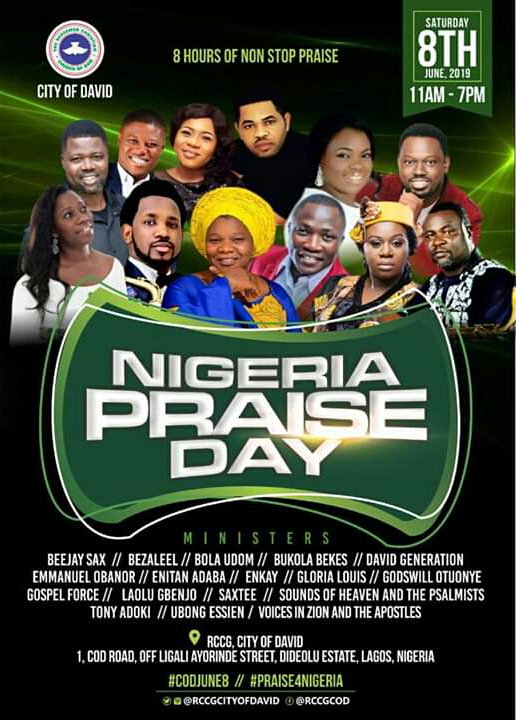 RCCGCityofDavid's tweet photo. Plan to join @EnieAdaba @BukolaBekes @bolaudom @_saxtee @officialenkay @Anthonyadoki2 @godswillotuonye @beejaysaxbolaji @nueloba @Laolugbenjo @gospelforce #GloriaLouis #UbongEssien #VIZA @sohandpsalmists #Bezaleel #DavidGeneration at #COD15thAnnualNigeriaPraiseDay on Sat, June 8. https://t.co/JoXvn1tPK0