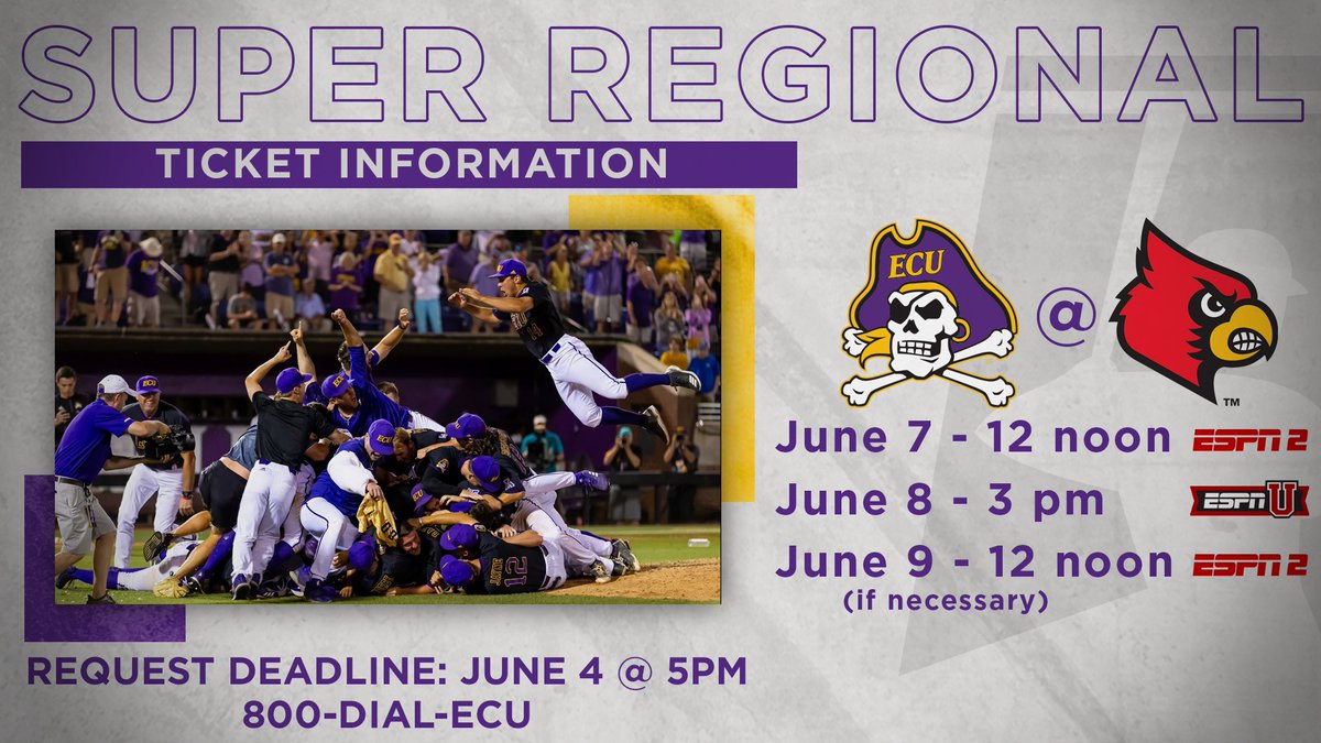 ECUAthleticTix's tweet photo. #PirateNation: Want to go to the Super Regional in Louisville?

Order your tickets by 5 p.m. today to 🔒in your spot in the ECU section. Each session is $20 and we're only selling All-Session Tickets. #GoPirates☠️

To order : 📞-- >1-800-DIAL-ECU https://t.co/eHvQDaK6Ka