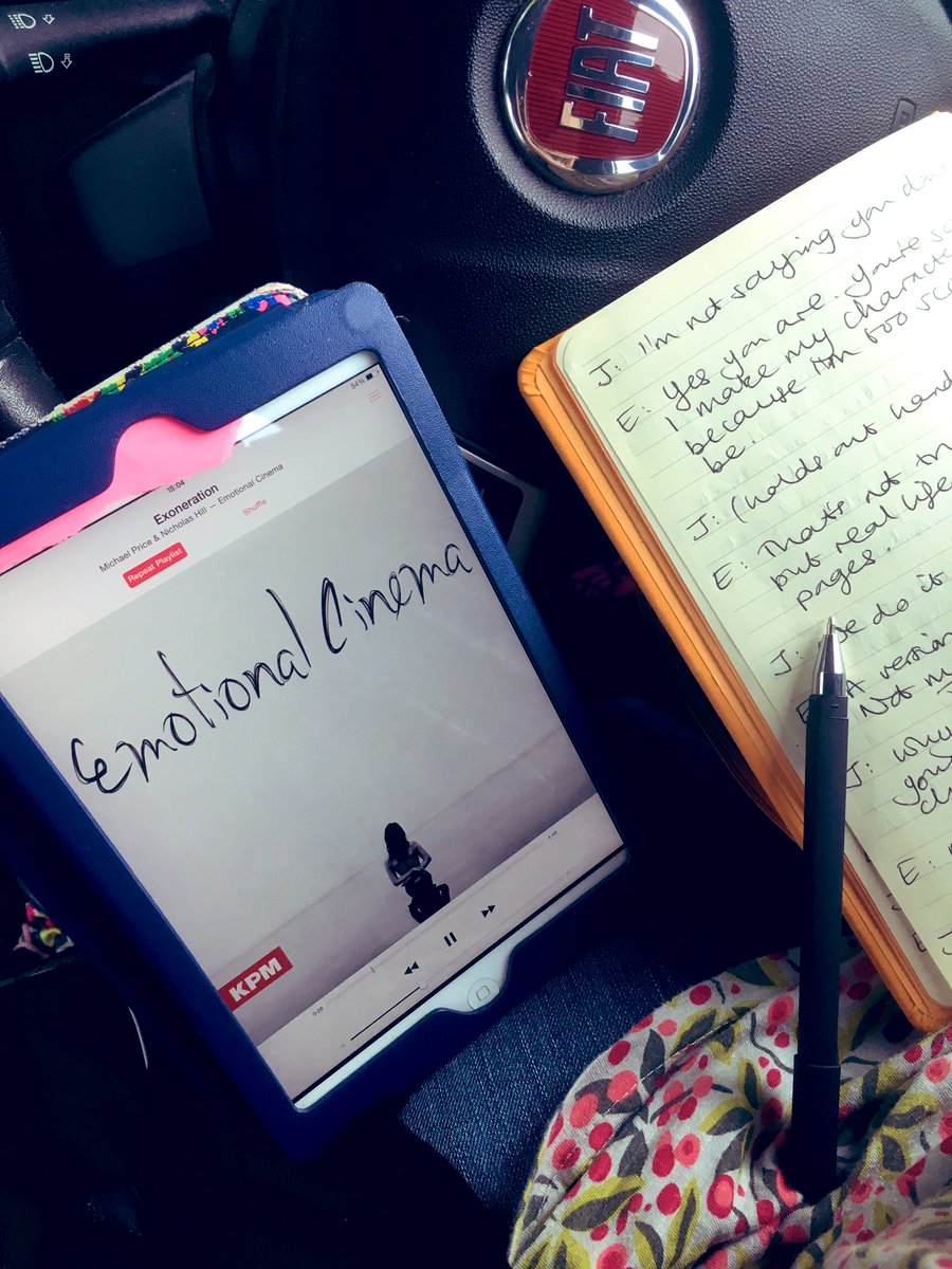 Writing a scene in my car before picking up Flo - doing it in script form to get the conversation in my head down quickly. Soundtrack for this one is Exoneration from Emotional Cinema by @michael__price and @NickHillmusic - it’s the perfect feel for the scene. #WriterLife