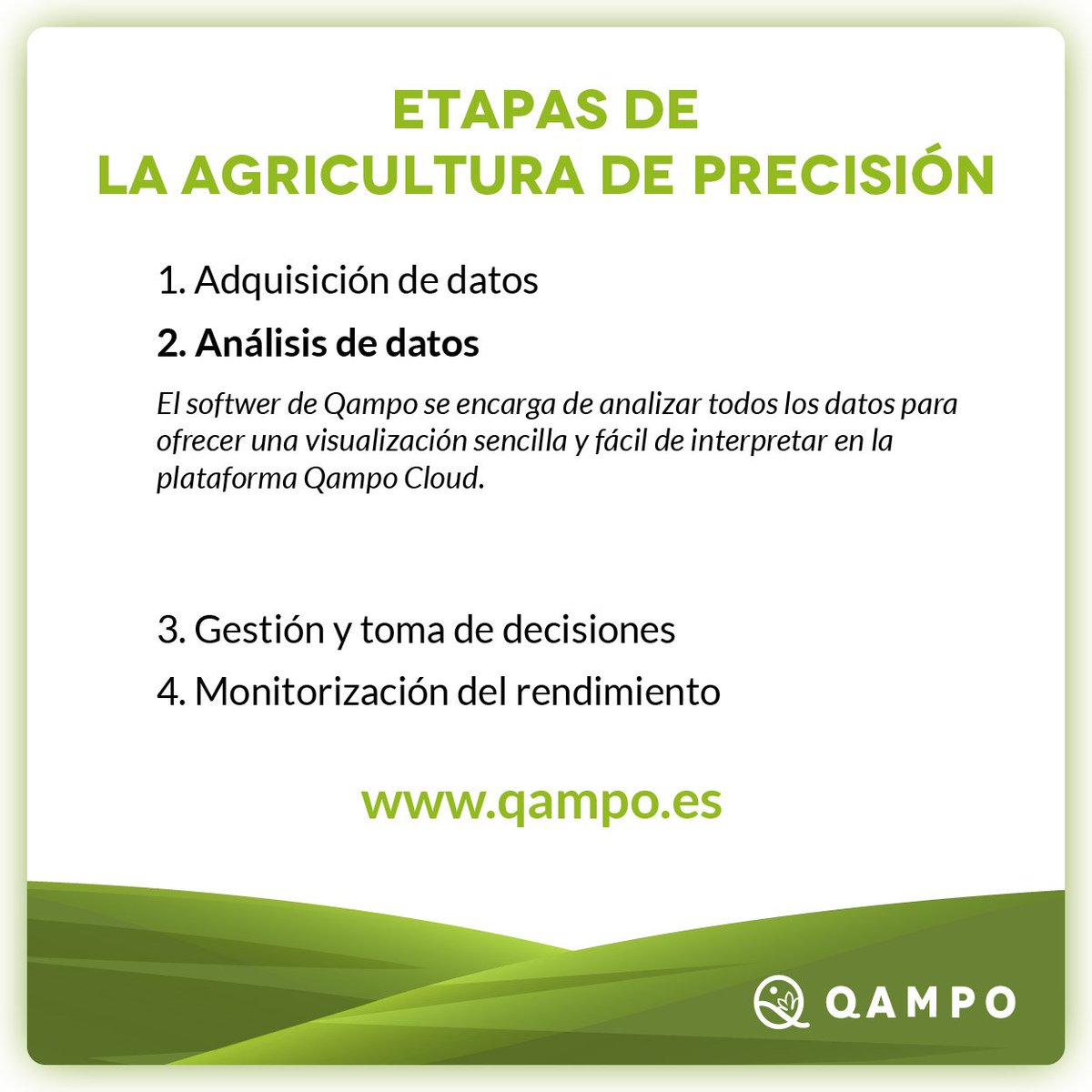 Qampo's tweet photo. ➡️ 2ª etapa de la #agriculturadeprecisión: ANÁLISIS DE DATOS

📲El software de #Qampo se encarga de analizar todos los datos para ofrecer una visión sencilla y fácil de interpretar en la plataforma Qampo Cloud.

🔗https://t.co/NuaCDABrH2 https://t.co/sGE2uhC9O1