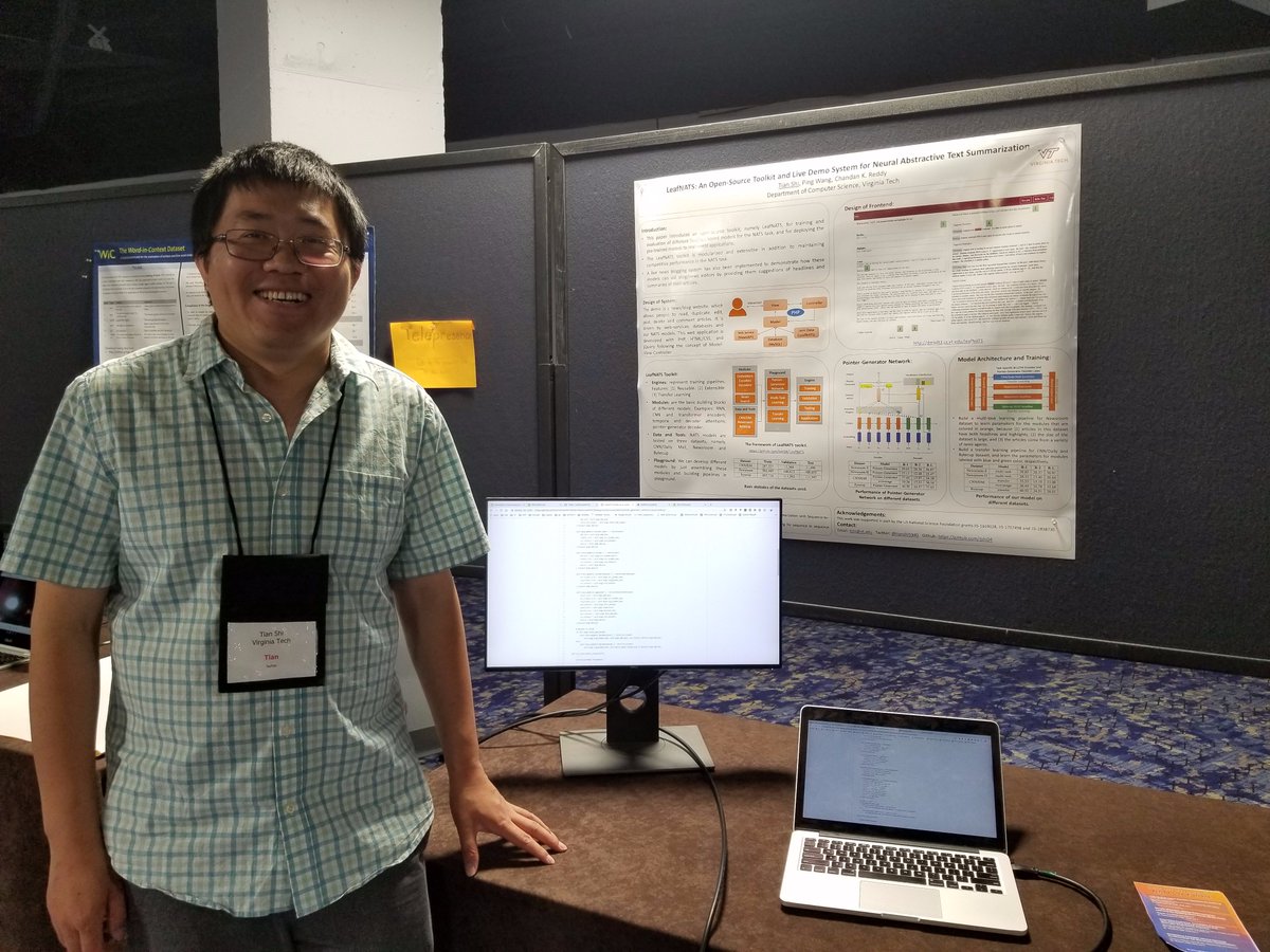 SanghaniCtrVT's tweet photo. Tian Shi, @VT_DAC Ph.D. student, #NAACL2019 in Minneapolis to present demo of his text summarization toolkit. @tianshi5940 @chandankreddy @VT_CS https://t.co/wCjM0xlfSI
