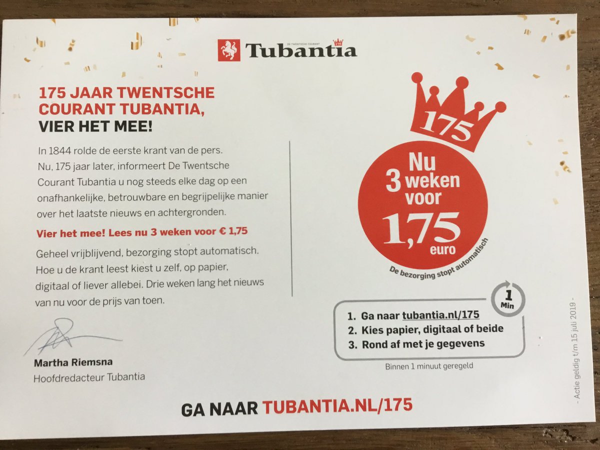 annettezwiep's tweet photo. Wat leuk een cadeautje voor nieuwe leden. De krant bijna gratis. Wij zijn al bijna 30 jaar abonnee. Welk grandioos cadeau krijgen wij dan wel niet? @tubantia #175jaar https://t.co/oKeIv0Pydh