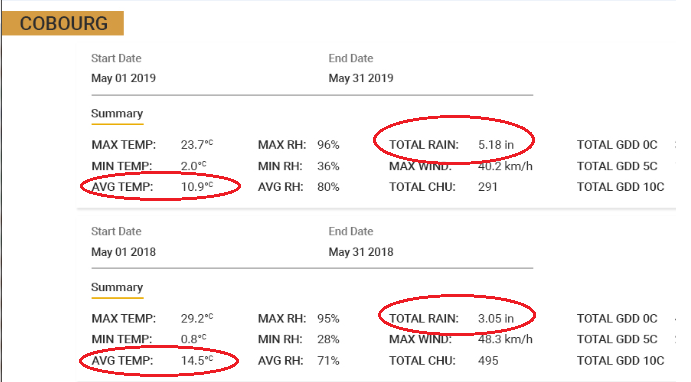 FE_DigitalAg's tweet photo. It's been a difficult #Plant19 for many areas, including Ontario Farmers. Here are 3 locations that are seeing significantly more rainfall and lower average temps in 2019 vs. 2018. #weather #FarmCommand @fe_ontario https://t.co/QK91o9cH4f