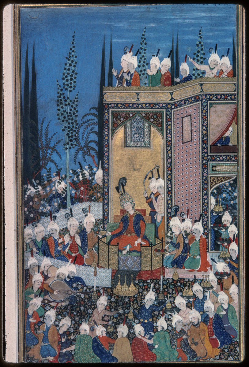 This folio is from a 16th c. manuscript of the Diwan of Hafiz that has been dispersed: some folios are  @metmuseum, some are  @harvartmuseums, and some are in private collections. This one, entitled the Celebration of  #Eid  , is in a private collection.  http://id.lib.harvard.edu/images/8001001726/urn-3:FHCL:29633815/catalog