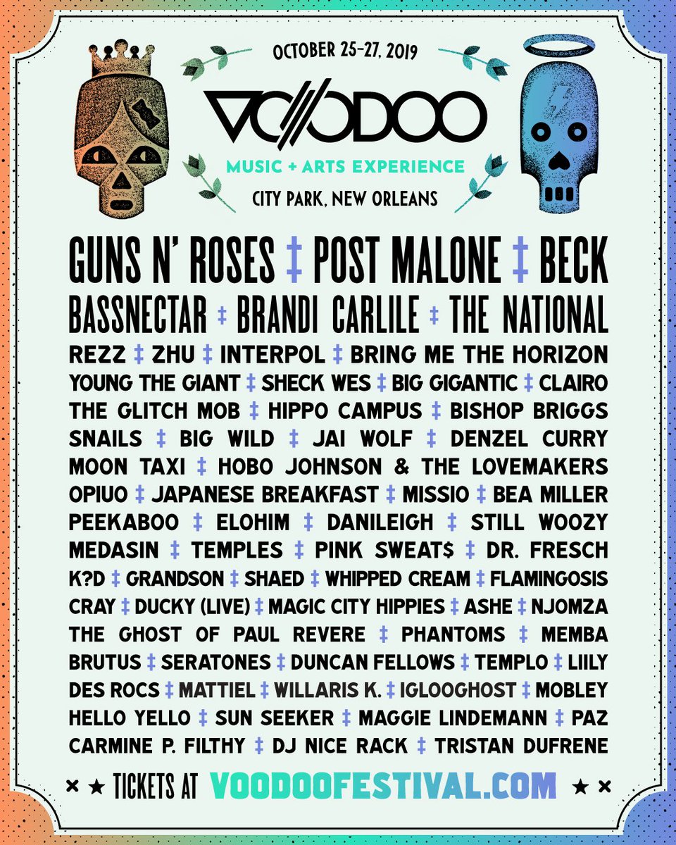 VoodooNola's tweet photo. Spend Halloween weekend at #VoodooFest with Guns N’ Roses, Post Malone, Beck, Bassnectar, Brandi Carlile, The National + more! Tickets on sale this Thursday at 10am CT. https://t.co/Iv08I4k44a https://t.co/QaiPiAavHP