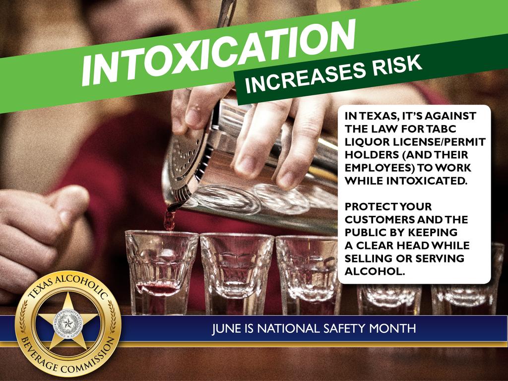 TexasABC's tweet image. It's hard to recognize the signs of intoxication when you've had a few too many yourself. State law prohibits TABC license/permit holders and their employees from working while intoxicated. Protect your customers by staying sober while working. #NationalSafetyMonth