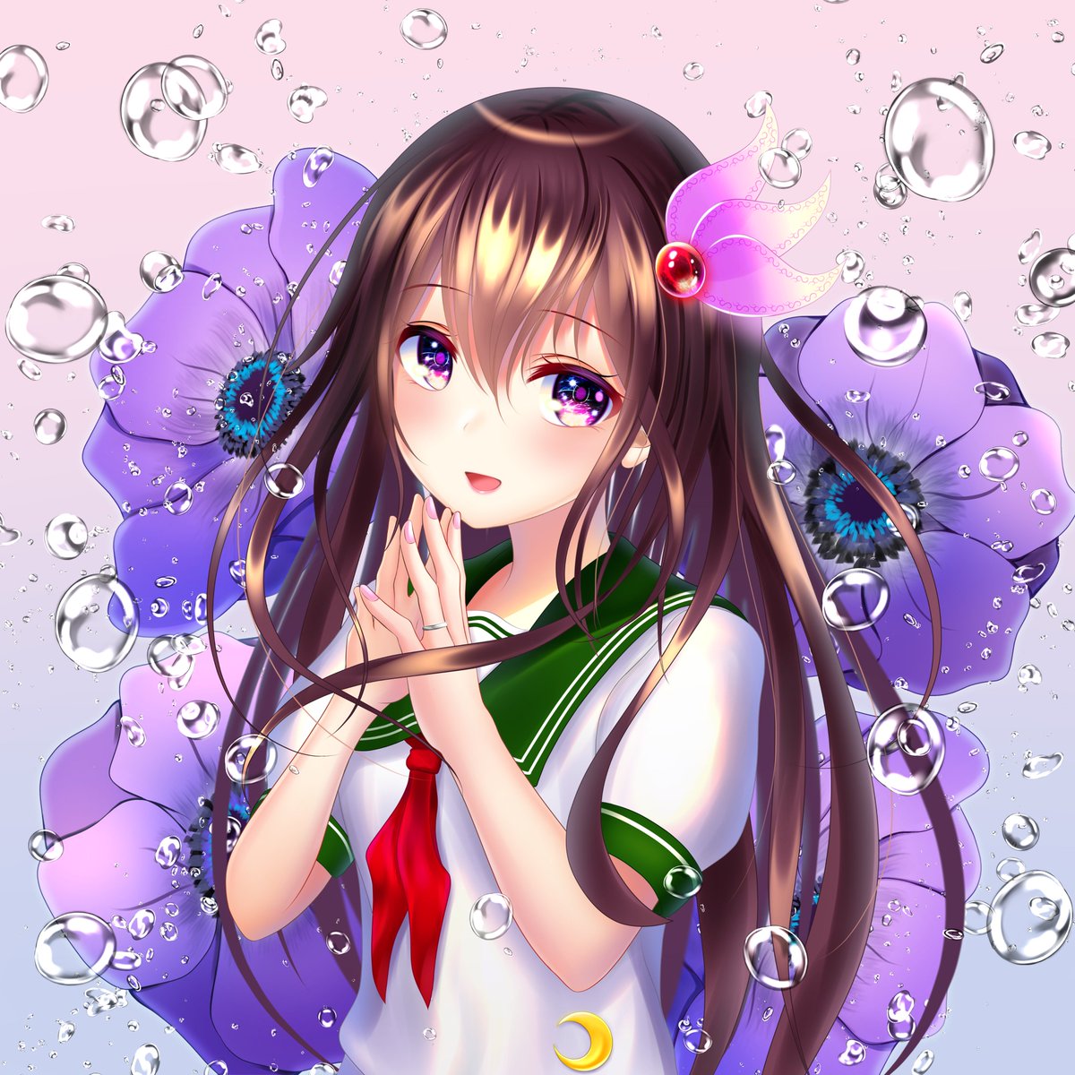 kisaragi (kancolle) 1girl long hair solo school uniform brown hair serafuku purple eyes  illustration images