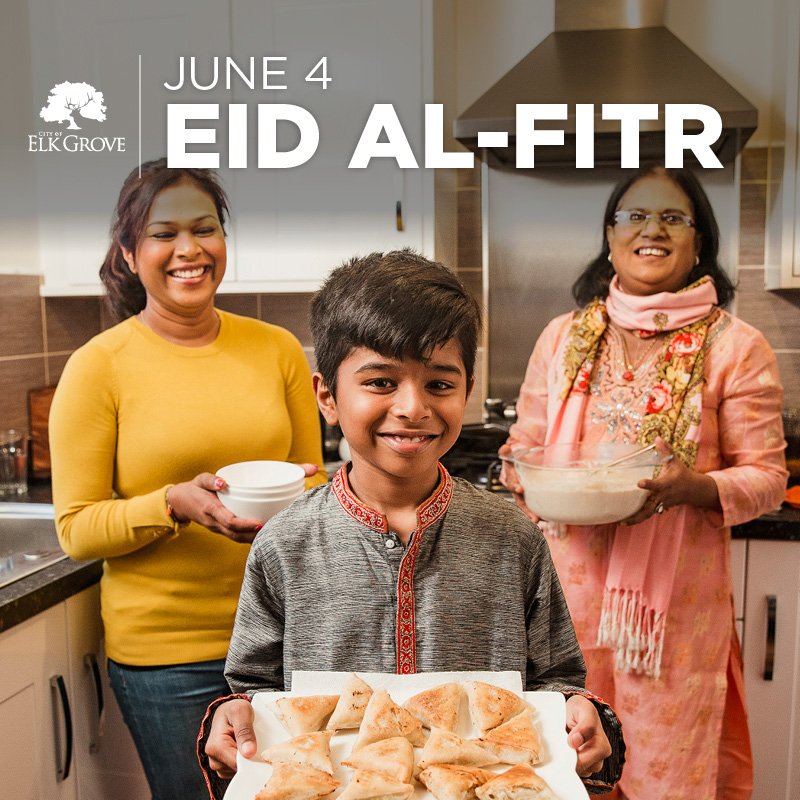 Many Muslims in the United States celebrate Eid al-Fitr on the first day of Shawwal in the Islamic calendar. It marks the end of the month-long fast of Ramadan and the start of a feast that lasts up to three days in some countries.  Learn more at elkgrovecity.org/acitywelcometo…