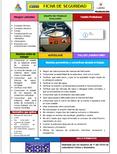 aulaspreventiva's tweet photo. Comenzamos¡¡¡ #FICHASDESEGURIDAD del #CSLABORATORIO que los alumnos del @IesJuanelo han hecho de: #AUTOCLAVE, #CENTRIFUGADORA, #ESTUFA, #RADIOACTIVOS Y #MATERIALDEVIDRIO¡¡¡¡¡¡ enlace: https://t.co/cXZDCt2Lar #PRL @gobjccm @educajccm #INSST @prevencionar @instrabajoyss https://t.co/BM9S9K7Q6n