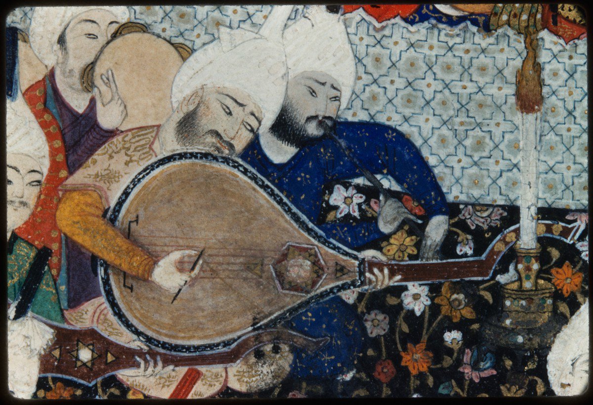 This closeup of the band shows all the details of the instruments, even the pick used on the 'oud and the elaborate calligraphed robes on the 'oud player