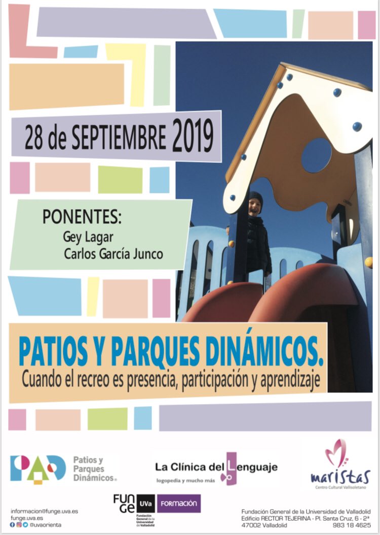 Así de bonito han dejado nuestras amigas de la Fundación General de la Universidad de Valladolid el cartel del curso Patios y Parques Dinámicos que organizamos el 28 de septiembre en Valladolid. 
Ya podéis inscribiros en funge.uva.es/area-formacion…