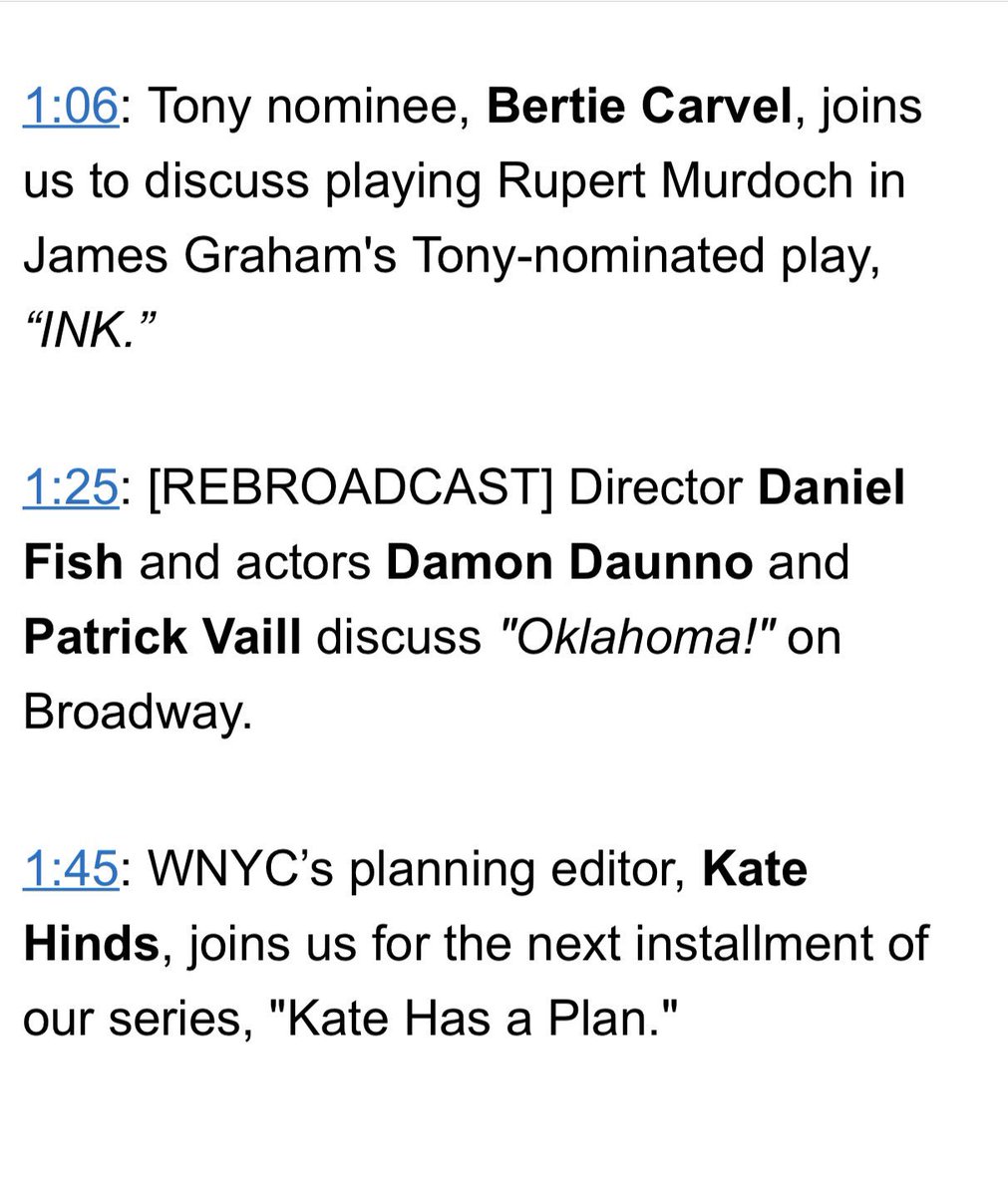 AllOfItWNYC's tweet photo. Details on today’s show below⬇️. We are live on the radio & streaming online @wnyc at 12noon est.
Guests include: @shalini_shankar @bertiecarvel #inkbroadway @OklahomaBway @alistroker @Rebeccasername #marytesta @patrick_vaill #damondaunno #danielfish @Ryanj899 @katehinds https://t.co/uG32FoVk62