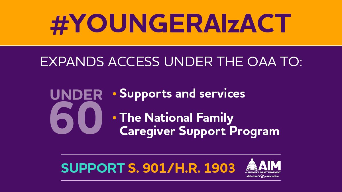 ALZIMPACT's tweet photo. Lead the charge in calling on Congress to support the #YoungerAlzAct! This bill would amend the Older Americans Act (OAA) to make those living with younger-onset Alzheimer’s under age 60 eligible to access important services under the OAA. Take action: https://t.co/bwT4JX4F6e https://t.co/q8gzLysdJO