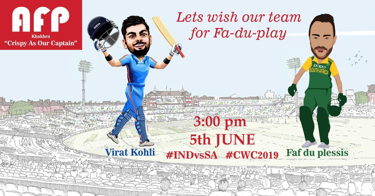 AashaFoods's tweet photo. All the best to #TeamIndia!! @imVkohli wish you best luck for Fa-Du-play!! #CricketKaCrown #IndVsSA #Cwc2019 @BCCI #BleedBlue https://t.co/9gxOB21PXH