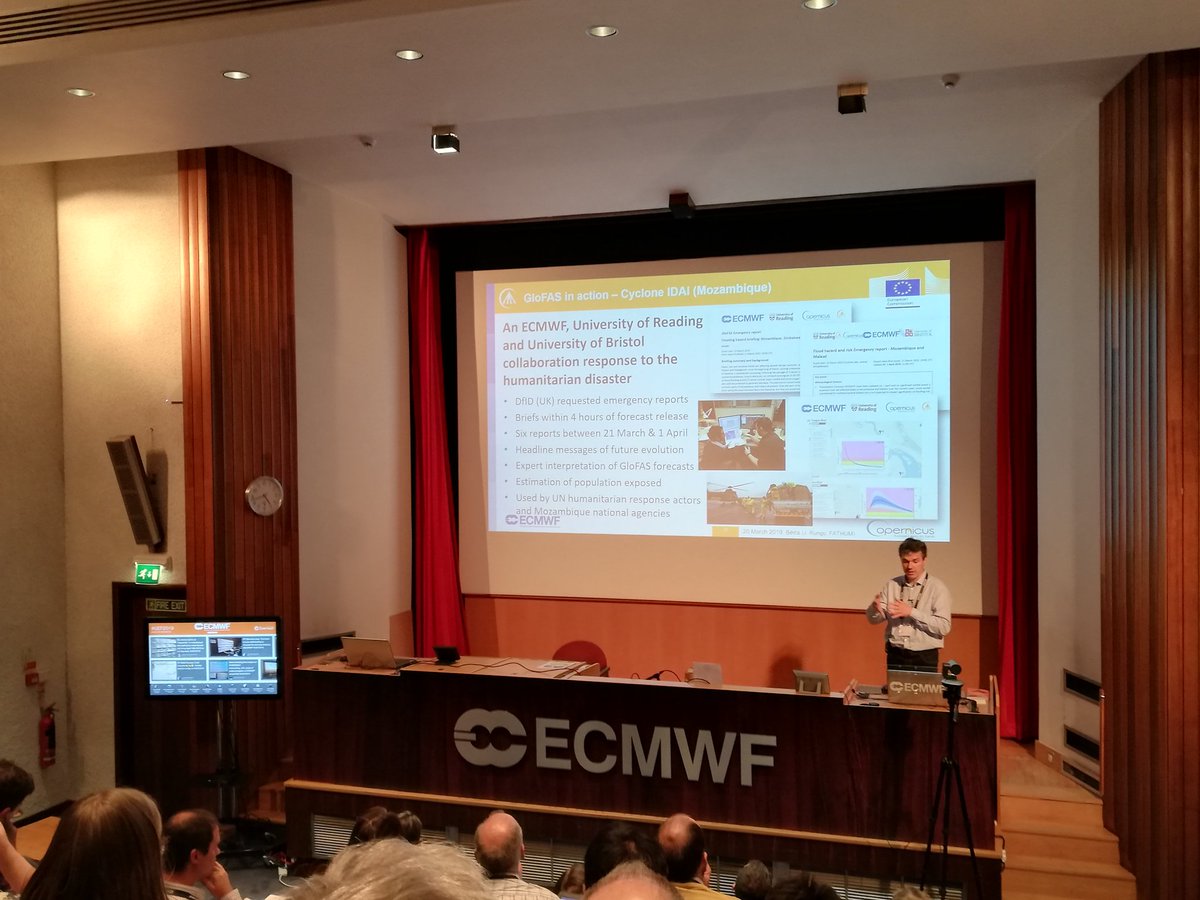 Ervin @zservin32 talking at #UEF2019 about the work done at @ECMWF, @UniRdg_water, @UniofReading and @GeogBristol to support the humanitarian response to cyclones #Idai and #Kenneth using the @CopernicusEMS #GloFAS, requested by @DFID_UK and partners in Mozambique @FATHUM_NERC