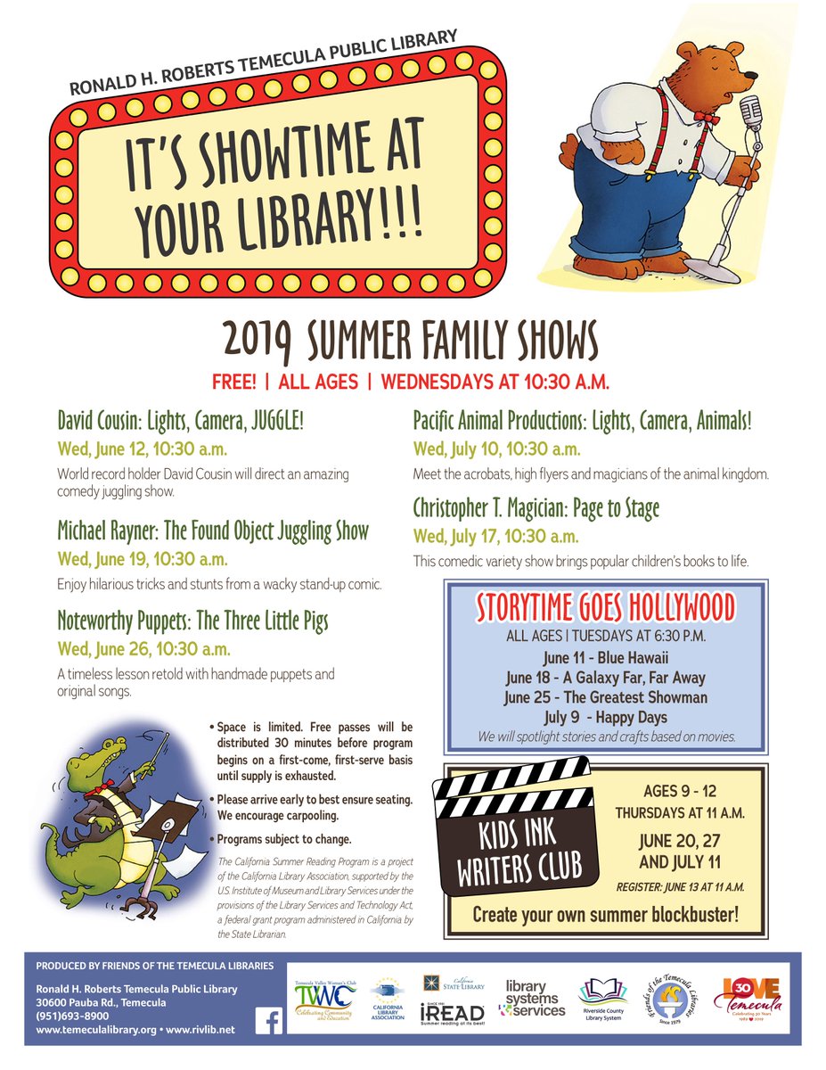 temeculalib's tweet photo. We are 6 days away now until the start of "IT'S SHOWTIME AT YOUR LIBRARY!" Earn prizes from our sponsors just by reading at least one book a week. The program goes from June 10th to July 22nd. #RHRTPL #SRP #Temecula #TemeculaLibrary #ItsShowtimeAtYourLibrary #June10ToJuly22 https://t.co/0P0BRFfnXq