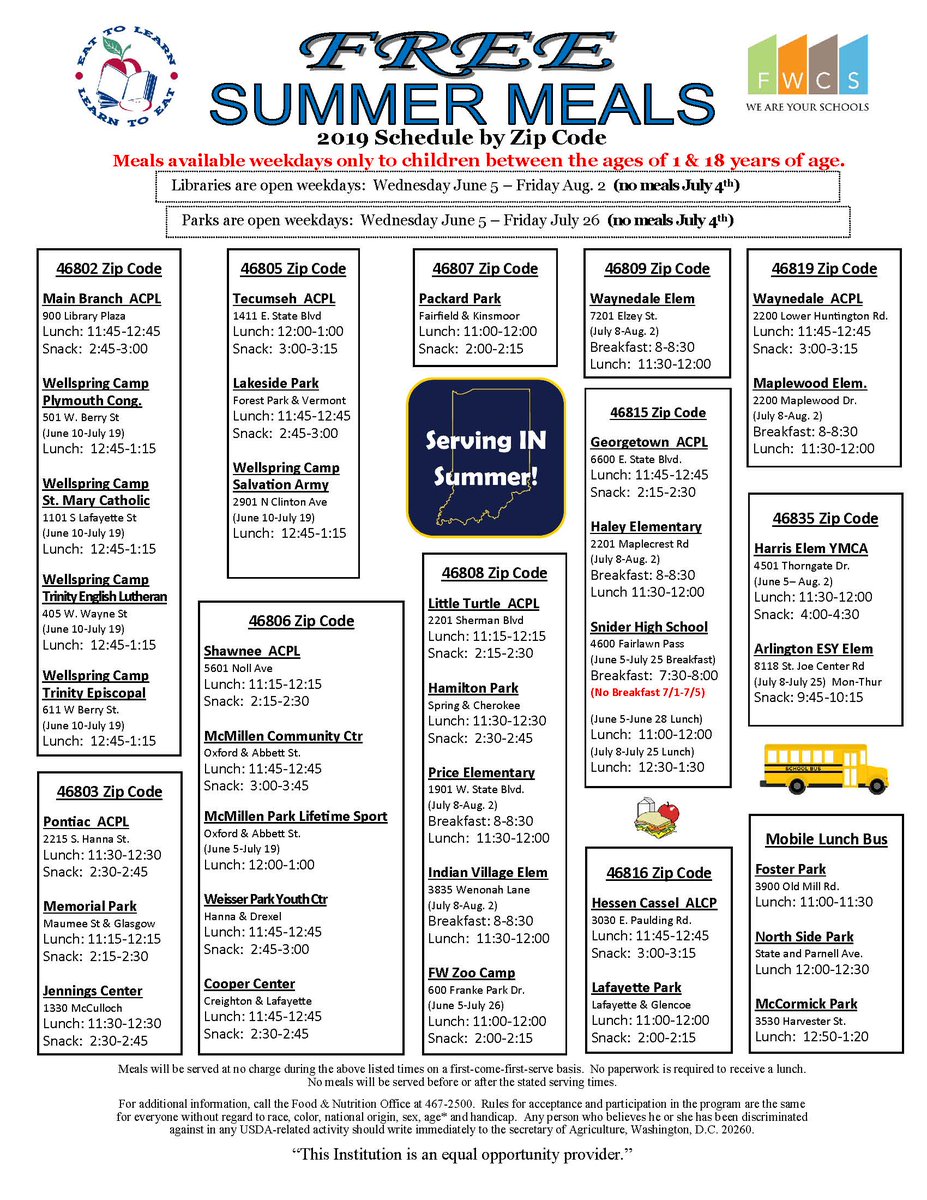FWCommSchools's tweet photo. Starting tomorrow, June 5th, FWCS will be offering free meals to children ages 1-18 at the locations listed on the flyer. No registration or eligibility requirements. https://t.co/x8qbauPYWg