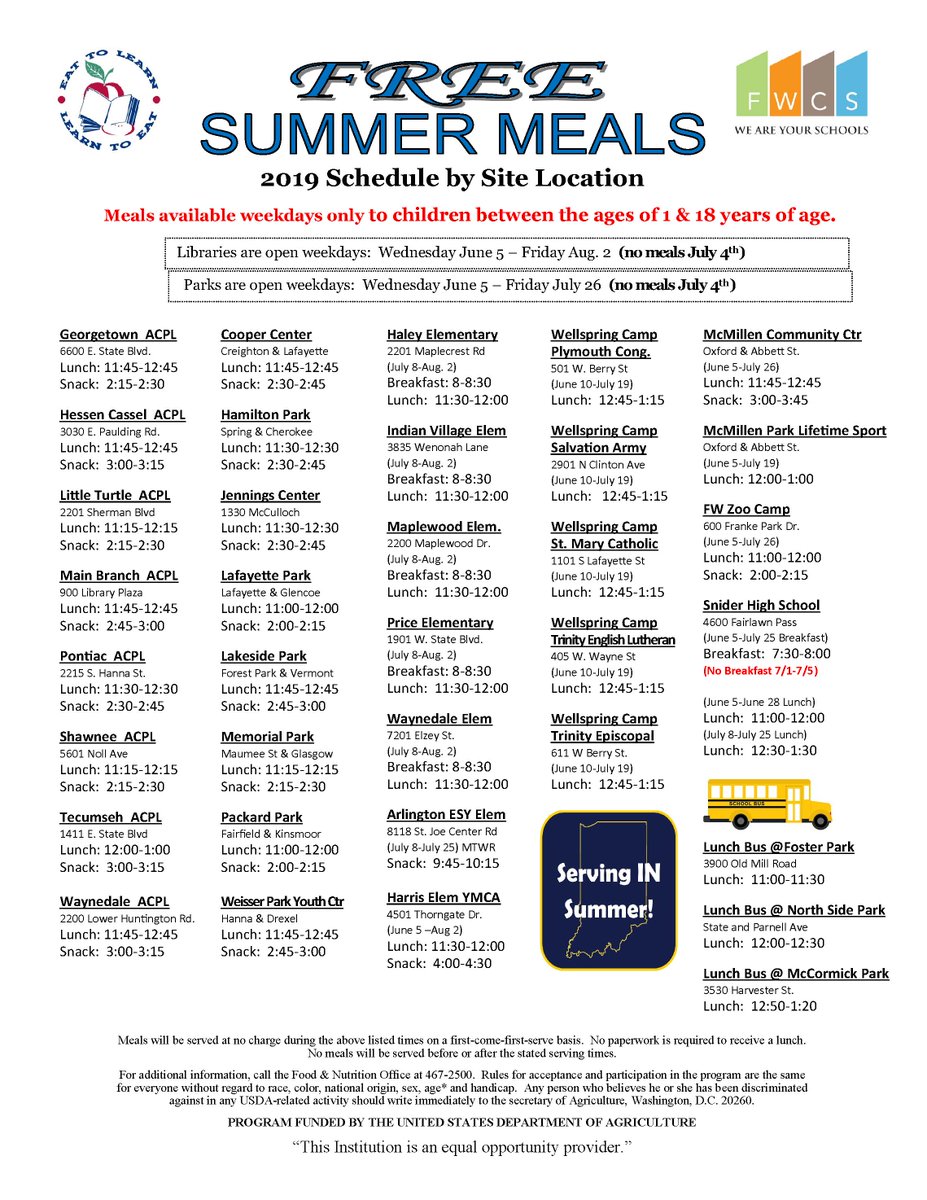 FWCommSchools's tweet photo. Starting tomorrow, June 5th, FWCS will be offering free meals to children ages 1-18 at the locations listed on the flyer. No registration or eligibility requirements. https://t.co/x8qbauPYWg