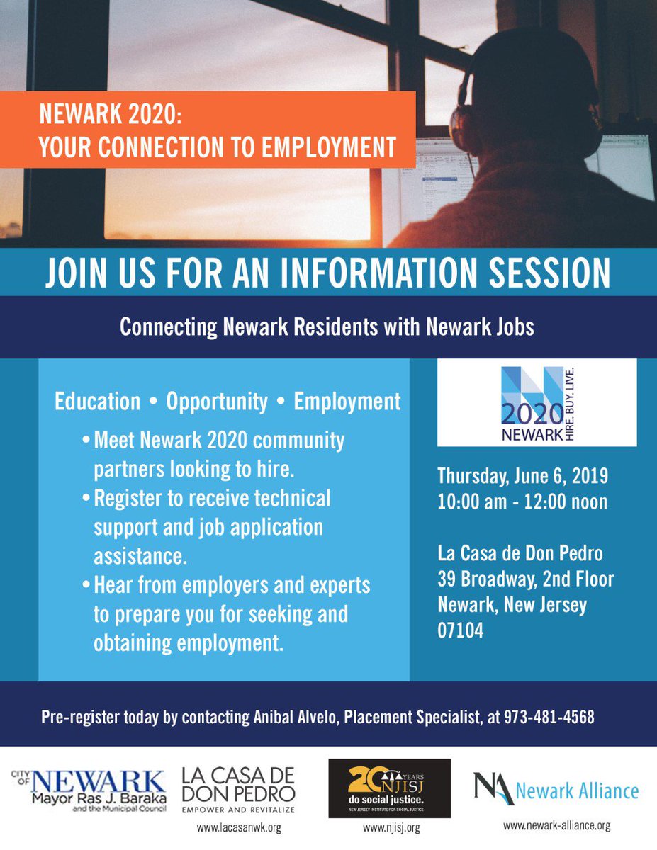 #Newark2020 is connecting Newark residents with Newark jobs. Join us Thursday, June 6, from 10am to 12 noon, for an information session. 

Pre-register today by contacting Placement Specialist, Anibal Alvelo, at (973) 481-4568.