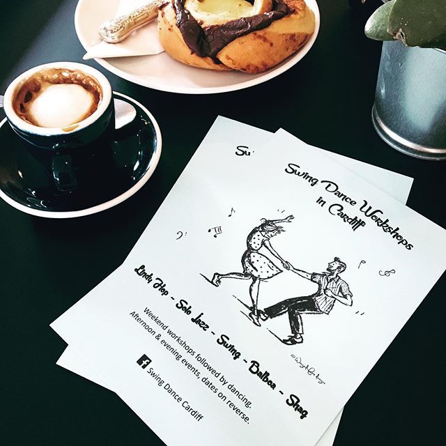 Nice mix of coffee, dance chat and exchanging flyers today <a href="/thedanishbakery/">Brød - Danish Bakery</a>! If you’ve got any flyers about swing events in and around Cardiff feel free to send them my way and we’ll add them to the flyers table at The Gin Swing. Just like these fab ones… bit.ly/2QJW3zs