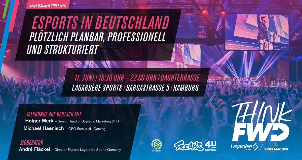 Lagardère Sports DE (renamed SPORTFIVE) (@lsports_de) on Twitter photo 👀Unser Sideevent zur <a href="/Spielmacher_DE/">Spielmacher</a>-Konferenz! Jetzt anmelden👉🏻 bit.ly/2Me9Z67
🗣Diskussion zu: Esports + Fußball in GER
👥Wer spricht: Holger Merk (<a href="/DFB/">DFB (Verband)</a>) + Michael Haenisch (<a href="/freaks4ugaming/">Freaks 4U Gaming</a>) + André Fläckel (<a href="/LSports_de/">Lagardère Sports DE (renamed SPORTFIVE)</a>)
🍗Dazu: BBQ + Drinks + Dachterrasse 👀Unser Sideevent zur <a href="/Spielmacher_DE/">Spielmacher</a>-Konferenz! Jetzt anmelden👉🏻 bit.ly/2Me9Z67
🗣Diskussion zu: Esports + Fußball in GER
👥Wer spricht: Holger Merk (<a href="/DFB/">DFB (Verband)</a>) + Michael Haenisch (<a href="/freaks4ugaming/">Freaks 4U Gaming</a>) + André Fläckel (<a href="/LSports_de/">Lagardère Sports DE (renamed SPORTFIVE)</a>)
🍗Dazu: BBQ + Drinks + Dachterrasse