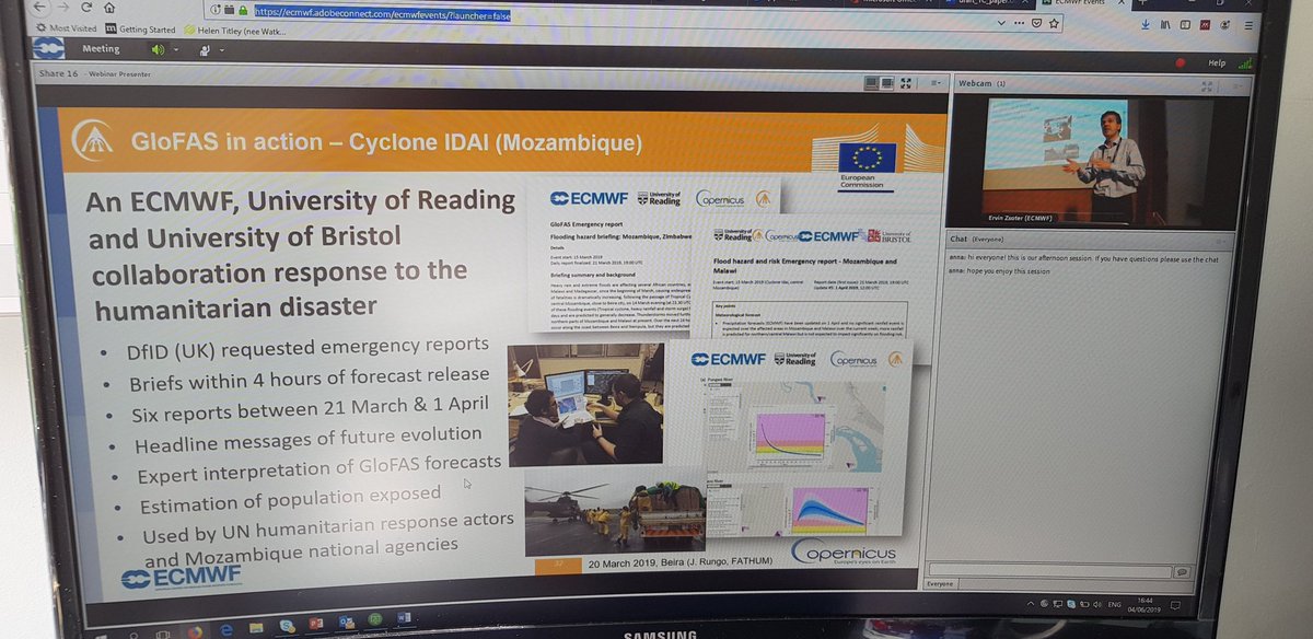 GloFAS flood forecasts were provided to decision makers in real time for Cyclone Idai, says @zservin32 at #UEF2019. I'm excited to be working with the #GloFAS team @ECMWF and @UniRdg_water as part of my PhD on the predictability of flooding from TCs.