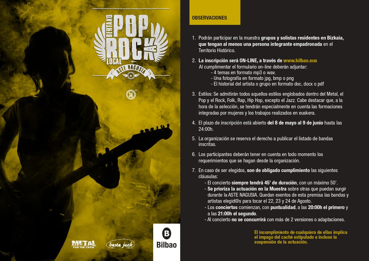 📣 ÚLTIMOS DÍAS 📣

🎤🎸El 9 de junio finaliza el plazo de inscripción para participar en la Muestra Metal, Pop Rock Local #AsteNagusiaBilbao

Inscripción ▶ bilbao.eus/aytoonline/jsp…

 TODA LA ℹ bit.ly/2Wnd1cV 
👩‍🎤👨‍🎤 No te quedes sin un hueco en la Muestra de #AsteNagusia
