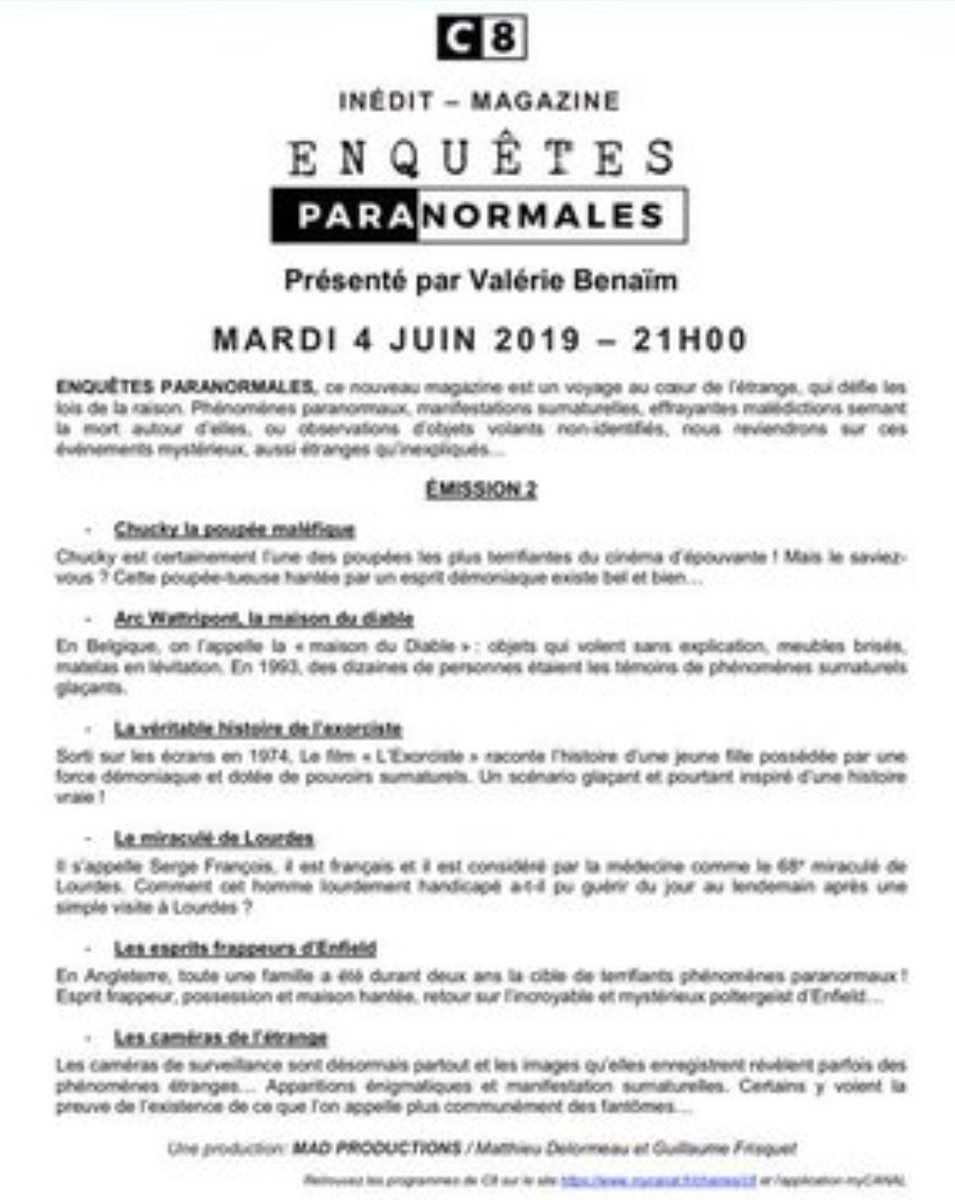 Ce soir, juste après #TPMP, ne ratez pas le 2ème épisode de

 #EnquetesParanormales

Présenté par <a href="/BenaimValerie/">Valerie Benaim</a>

Produit par #MadProds <a href="/Mdelormeau/">Matthieu Delormeau</a> <a href="/gfrisquet/">Guillaume Frisquet</a>

Chucky, l'Exorciste, tirés d'histoires vraies 😱 et d'autres histoires plus effrayantes les unes que les autres...