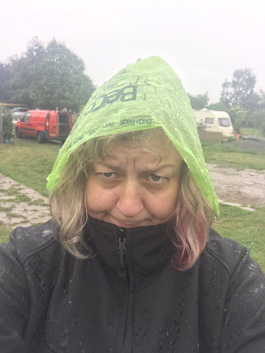 When pooh bags double up as a rain hat. Timing to walk the dogs wasn’t great. #dogwalk #rain #wontstopplay #ilookshite
