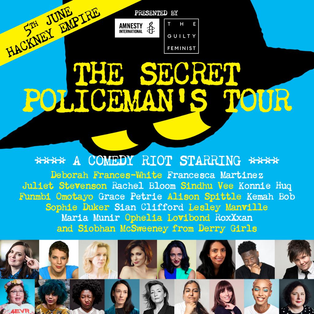 AmnestyUK's tweet photo. Just a handful of tickets left for our #SecretPoliceman comedy night with @GuiltFemPod at @HackneyEmpire tomorrow night! We'll be joined by @Konnie_Huq @ROtripleX and many more famous faces. Grab your tickets here 👉 https://t.co/WHtzAH3Nwm https://t.co/uuvSDfRcoJ