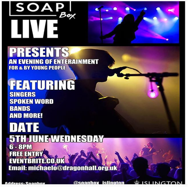 Soap__box's tweet photo. Wednesday we have our Live event ran by our Young apprentices and young people. The event is on from 6.30-8pm, make sure to come along, #opentoall based in #oldtsreet We will have young #preformers, #singers, #musicians, #DJs and much more #youngpeople #islington https://t.co/im2UqEynAP