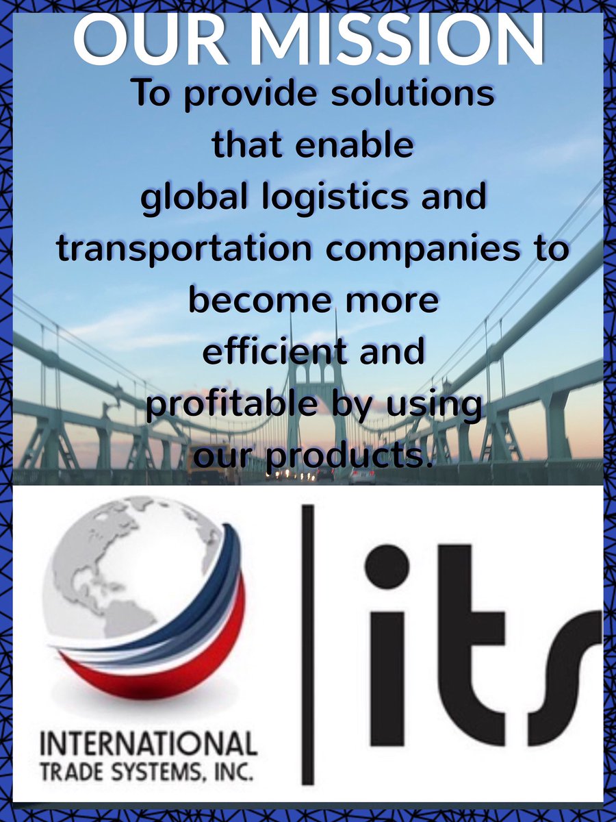 its4logistics's tweet photo. Our Mission.
To provide solutions that enable global logistics and transportation companies to become more efficient  and profitable by using our products.
#logisticsmanagement #freightforwarding #internationaltrade #brokerage #customsclearanceservices #import #export https://t.co/aXhM9zKzKR