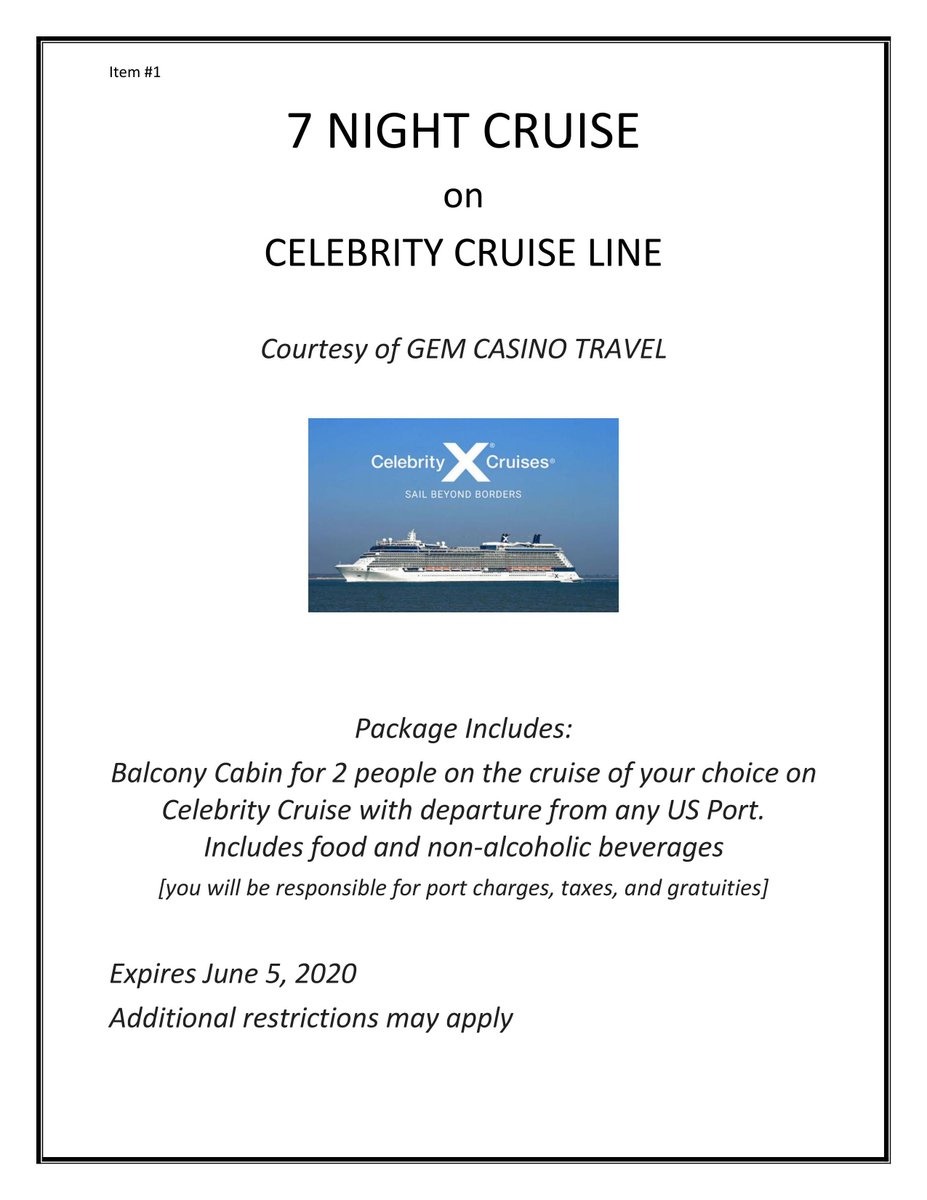 We have some amazing items to bid on at this year's "Men and Women R' Cookin'" Live Auction. Here's a sneak peak at some of our Live Auction Items:

7 Night Cruise on Celebrity Cruise Line for 2!