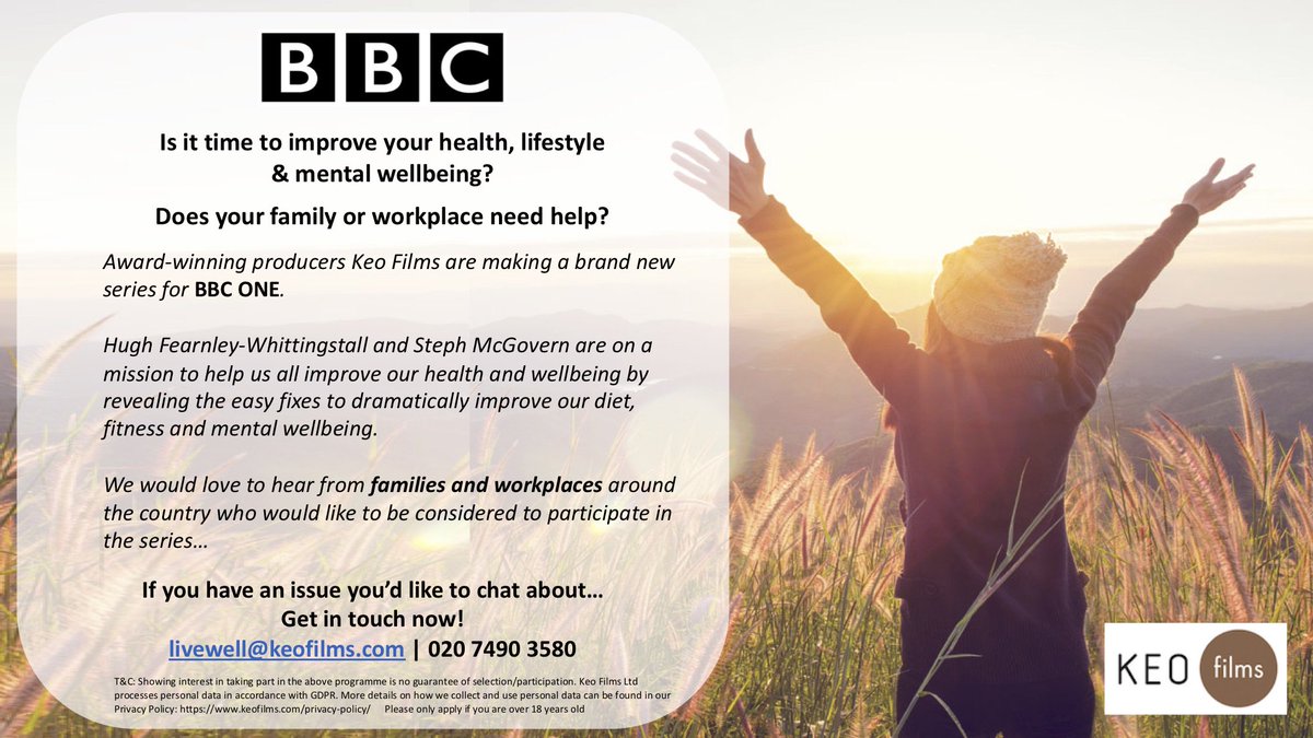 <a href="/FrielanceTV/">Frielance Casting 📺</a> PLS RT. Brand New BBC One show is looking for families and workplaces where everyone is up for trialing out some new fun methods to help improve their health and wellbeing! To find out more email LiveWell@keofilms.com