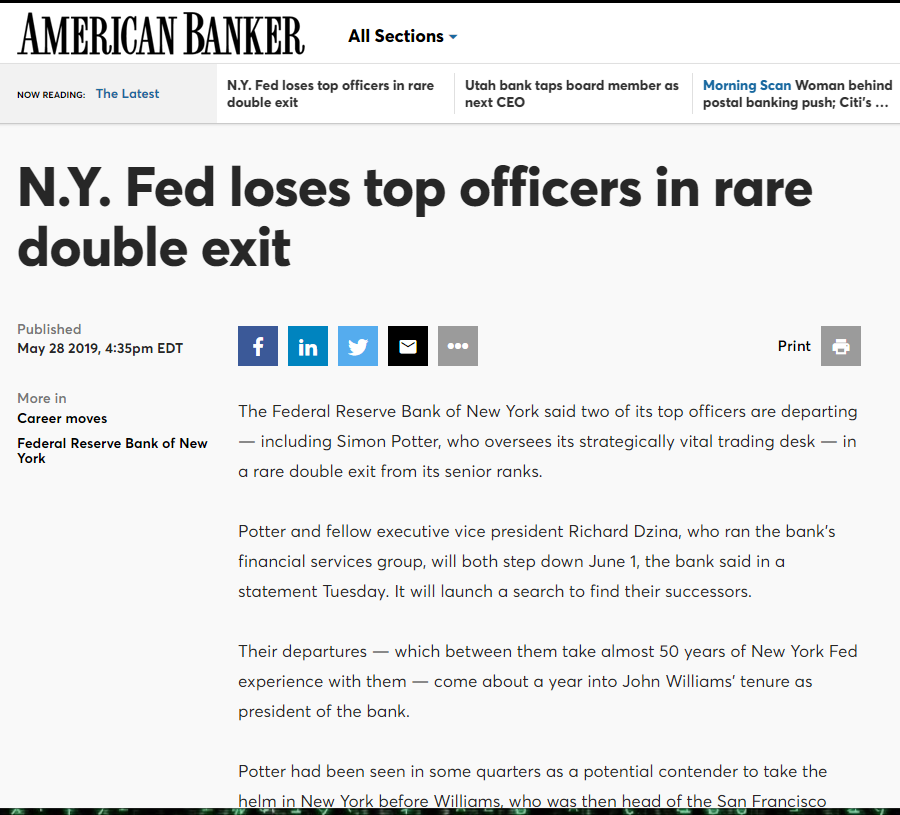 N.Y. Fed loses top officers in rare double exitQ2575The plan to have the FED raise rates [steep incline beginning Mar 2019] in an effort to 'kill' the economy prior to 2020 P_elec is known and planned for.Structure change coming?Q https://www.americanbanker.com/articles/ny-fed-loses-top-officers-including-potter-in-rare-double-exit @POTUS  #Payseur