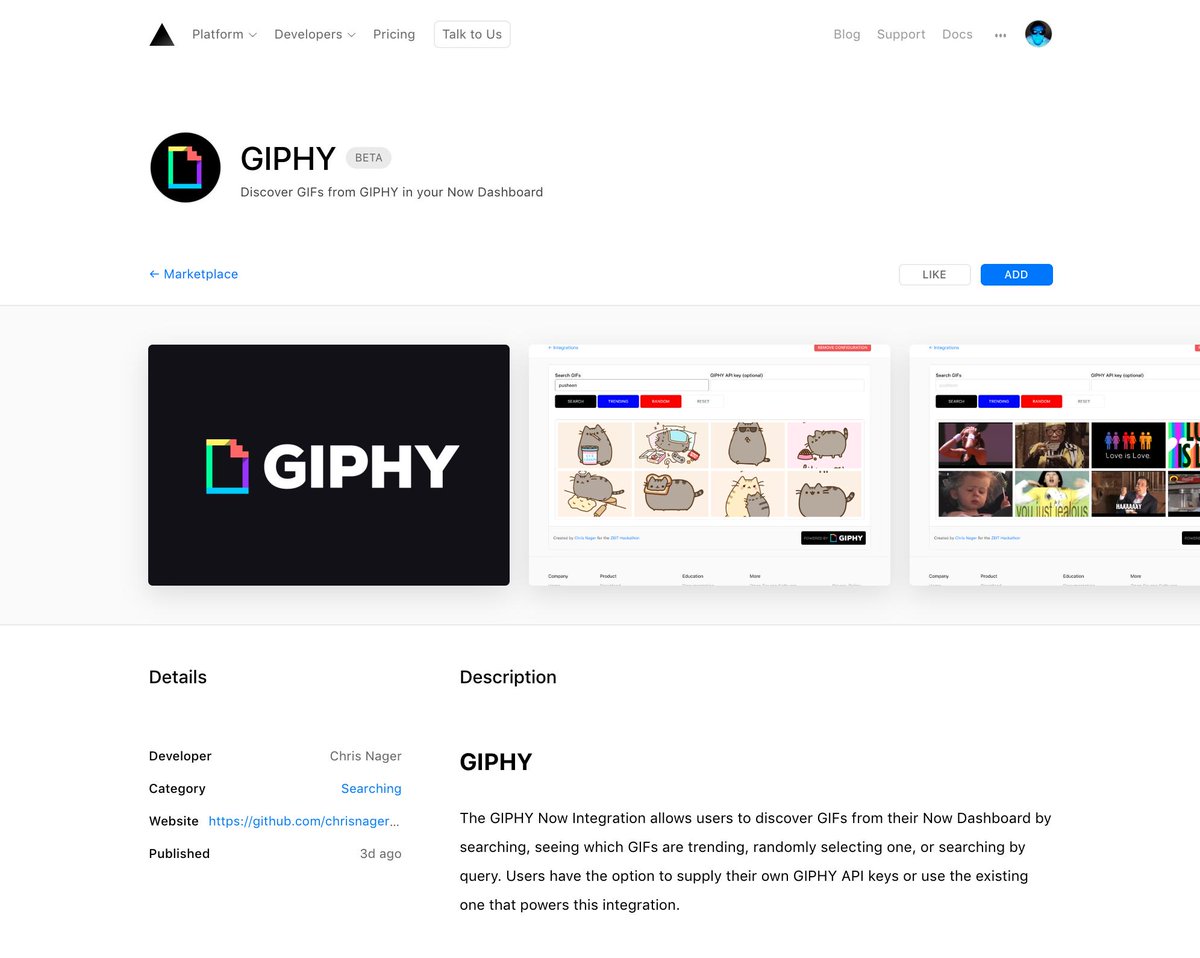 GIPHY Now Integration page in the ZEIT Marketplace