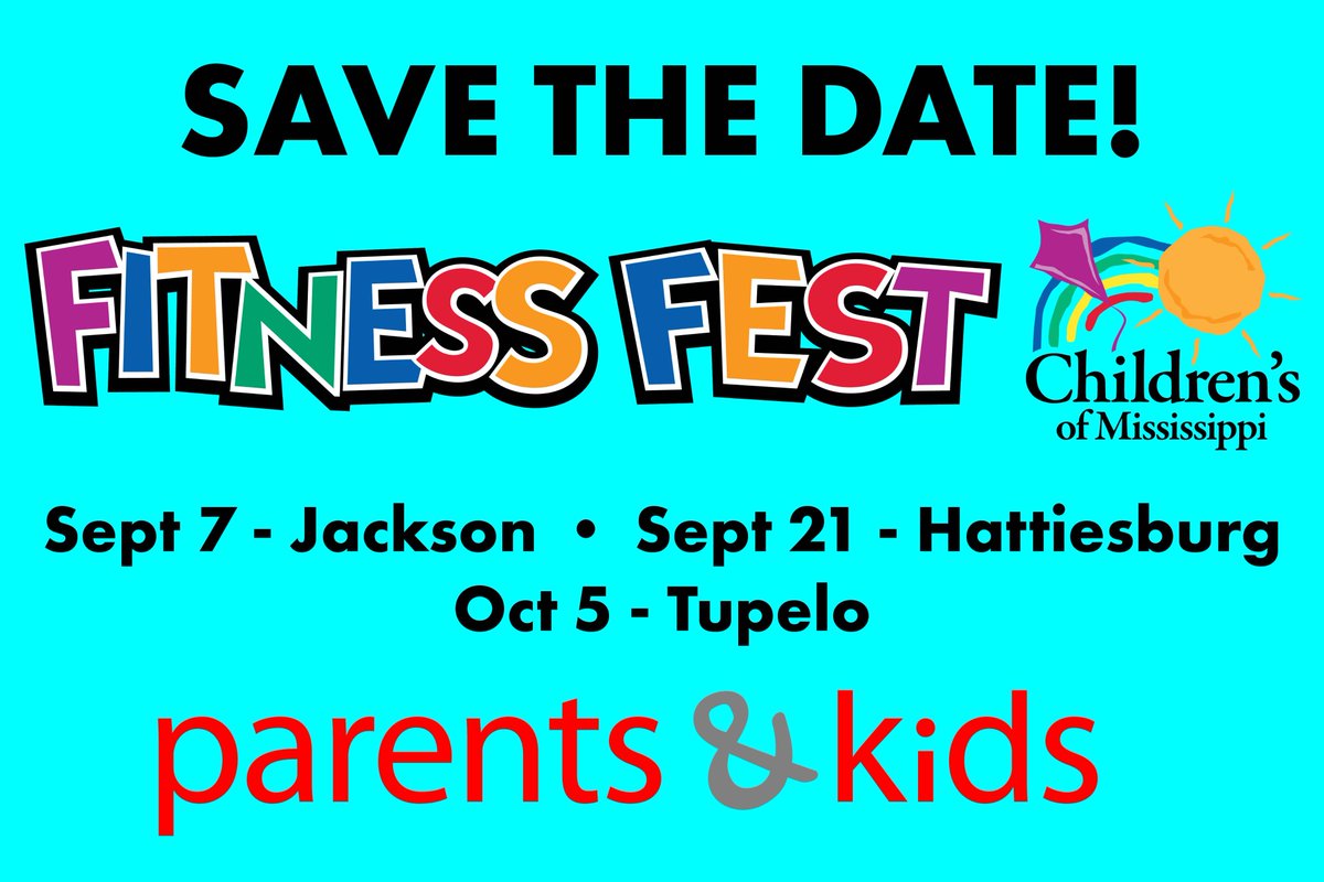 Mark your calendars now for 3 Fitness Fest events throughout Mississippi, sponsored by Children's of Mississippi (@BlairEBatson)!

September 7: Jackson, Mississippi Trade Mart
September 21: Hattiesburg, <a href="/HattiesburgZoo/">Hattiesburg Zoo</a> 
October 5: Tupelo, The Mall at Barnes Crossing