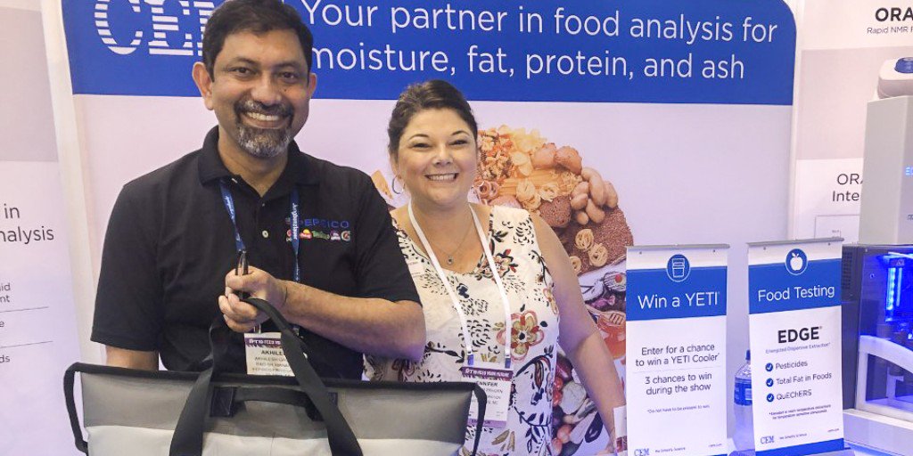 CEMcorporation's tweet image. Congratulations Dr. A. Gautam on your new @YETICoolers cooler! Thank you for being cool and stopping by our @IFT booth! #WeSimplifyScience #IFT19 #foodscience #foodtechnology