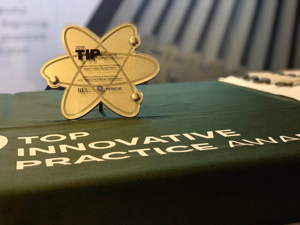 Congratulations to <a href="/SouthernNuclear/">Southern Nuclear</a> for winning the GEH Top Innovative Practice Award for the introduction of GNF3 at Plant Hatch. The collaborative approach between Southern Nuclear and Global Nuclear Fuel accelerated the timeline for the introduction of new fuel designs. #NEA19