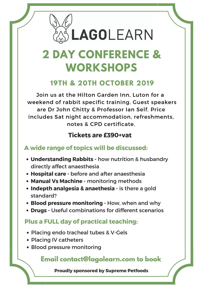 Lagolearn Ltd (@lagolearn) on Twitter photo Don't dread the rabbit GA! Join us for 2 days of training by experts including <a href="/Johnchittyvet/">John chitty</a> and Professor Ian Self. The event will be a mix of lectures and hands on practical teaching too. Sponsored by <a href="/SupremePet/">Supreme Pet care</a> Email: contact@lagolearn.com for more info #rabbitCPD Don't dread the rabbit GA! Join us for 2 days of training by experts including <a href="/Johnchittyvet/">John chitty</a> and Professor Ian Self. The event will be a mix of lectures and hands on practical teaching too. Sponsored by <a href="/SupremePet/">Supreme Pet care</a> Email: contact@lagolearn.com for more info #rabbitCPD