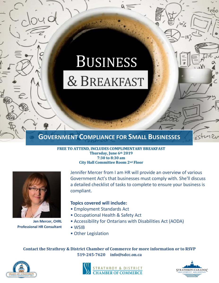 MoSC_EcDev's tweet image. Join us for a session on Government Compliance for #SmallBusiness this Thursday June 6 @ 7:30am - 8:30am at City Hall !!

RSVP to Kathy @StrathroyCofC at 519-245-7620 or info@sdcc.on.ca