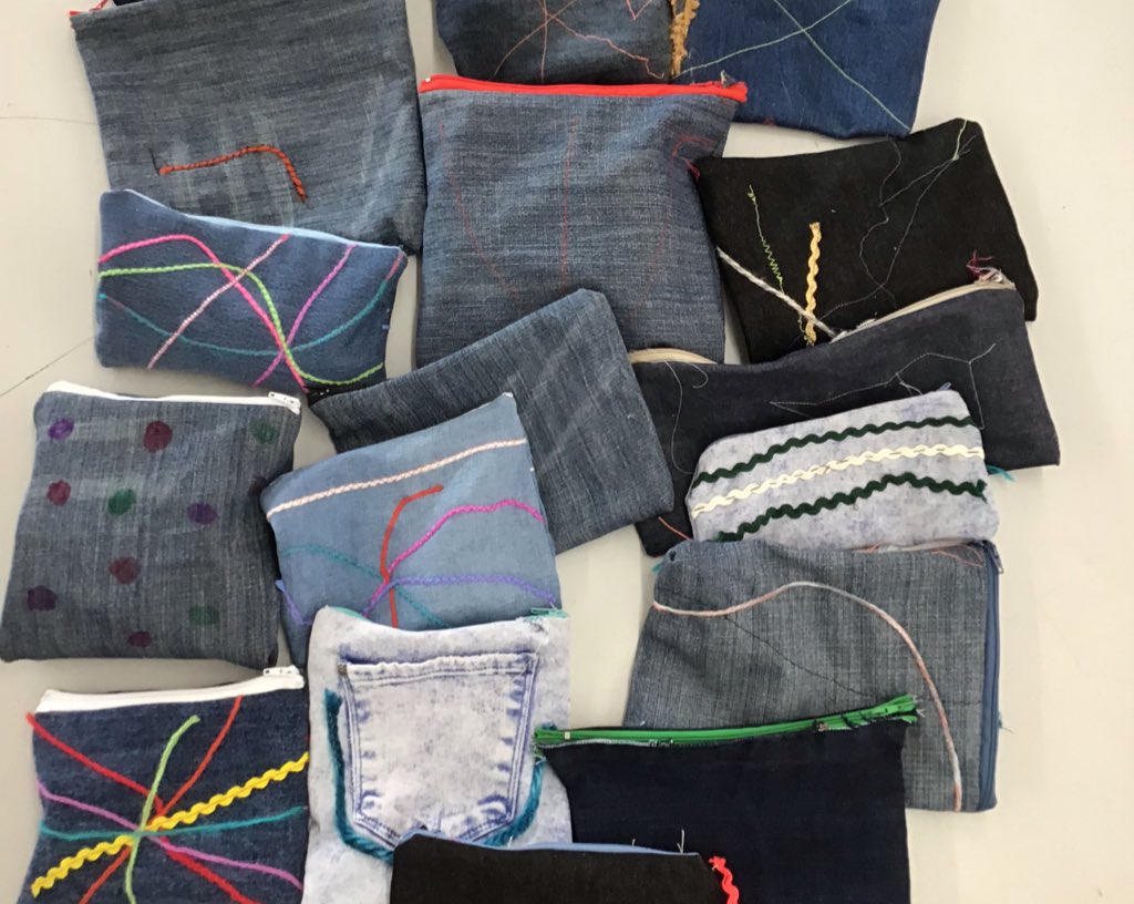Honywood_Tech's tweet photo. C7 have persevered with some temperamental sewing machines to create their recycled denim pencil cases #DandT https://t.co/VmtA7P9tDE