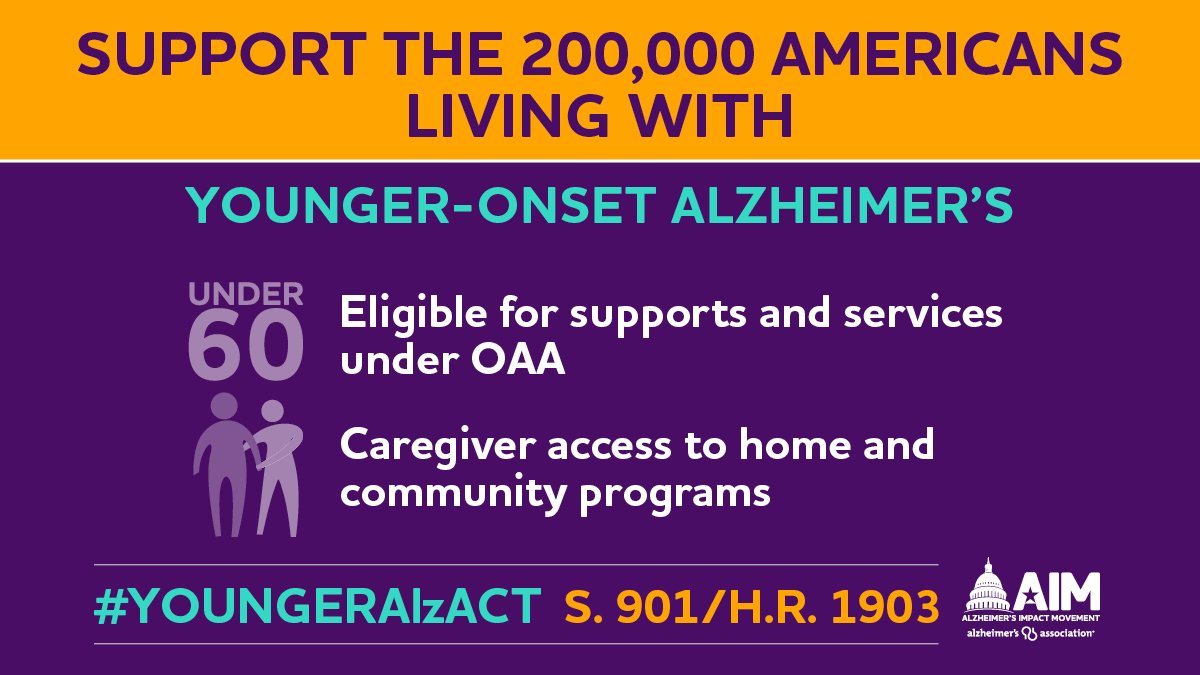ALZIMPACT's tweet photo. 20 members of the Senate &amp; 44 members of the House currently support the #YoungerAlzAct — Help us ensure those living with younger-onset Alzheimer's are eligible to access programs under the Older Americans Act afforded to those over 60! Raise YOUR voice: https://t.co/bwT4JWN3HE https://t.co/UqEEJkGI6D