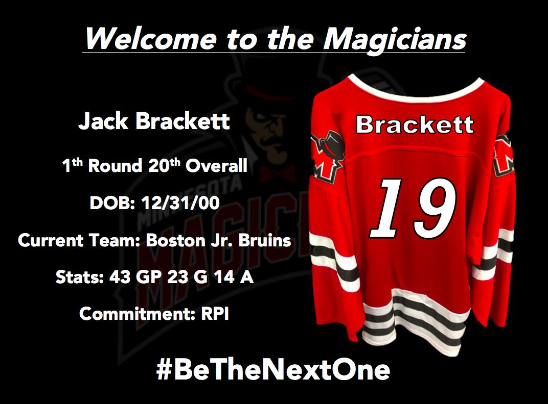 WiscWindigo's tweet photo. With the 20th overall pick in the #NAHLDraft, the MN Magicians select Jack Brackett! #WelcomeToTheMagi #FeelTheMagic https://t.co/O5M6D0LjgY