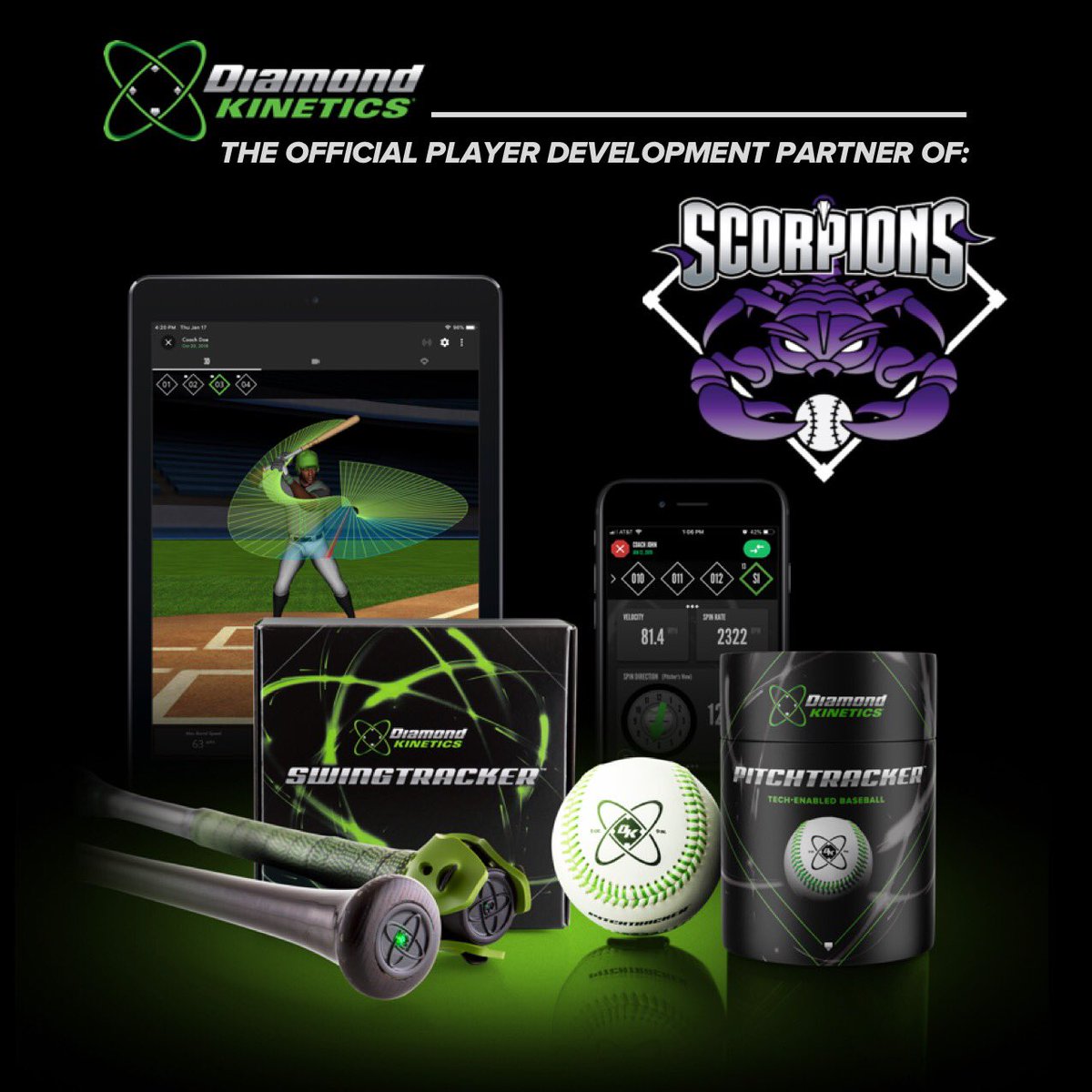 When great players use the best tools, good things happen! We're excited to announce Diamond Kinetics as our Official Player Development Partner. We look forward to our players and coaches using DK technology to improve their game! <a href="/OrlandoScorps/">Scorpions Baseball</a> <a href="/DiamondKinetics/">Diamond Kinetics</a>